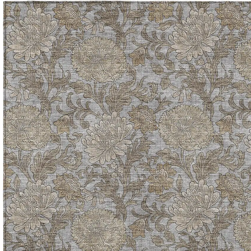 Gray Silver And Taupe Floral Washable Indoor Outdoor Area Rug Photo 7