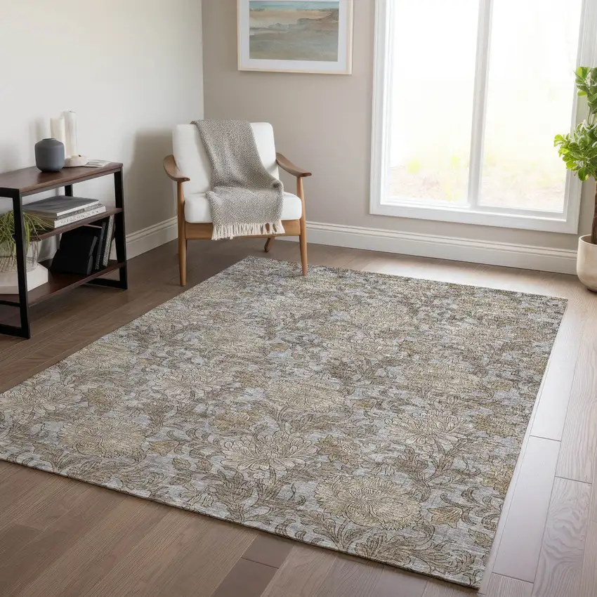 Gray Silver And Taupe Floral Washable Indoor Outdoor Area Rug Photo 9