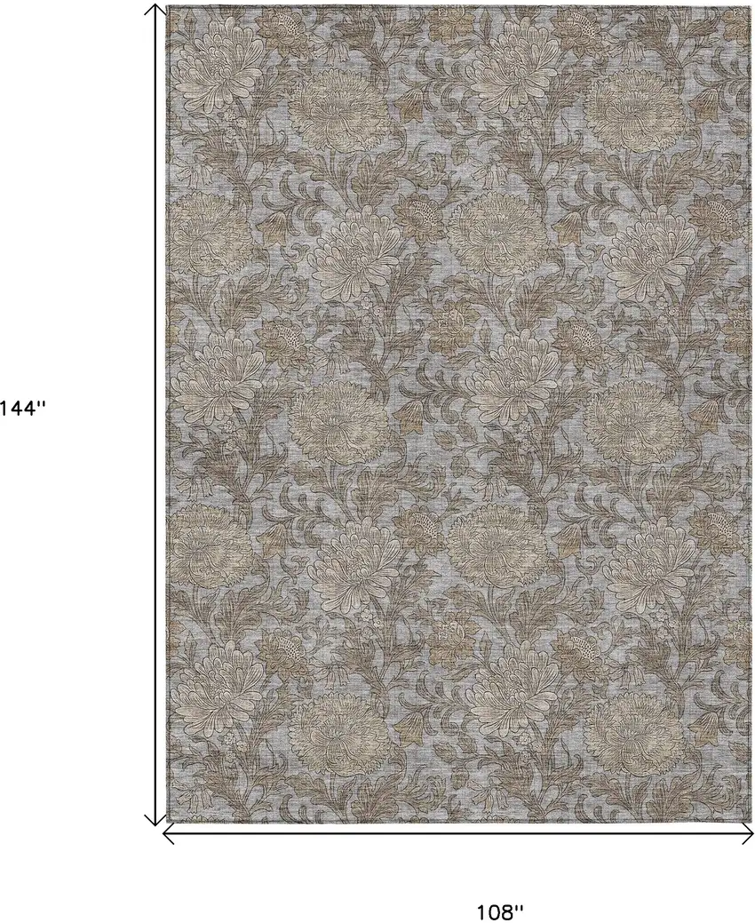 Gray Silver And Taupe Floral Washable Indoor Outdoor Area Rug Photo 3
