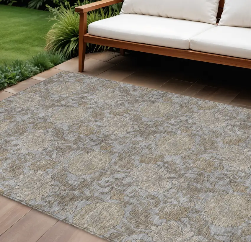 Gray Silver And Taupe Floral Washable Indoor Outdoor Area Rug Photo 1