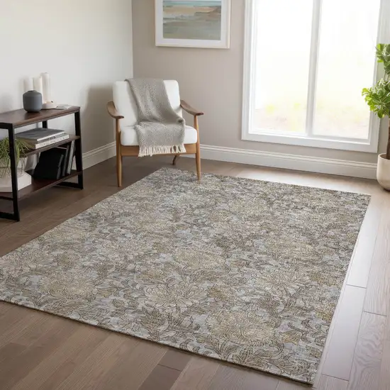 Gray Silver And Taupe Floral Washable Indoor Outdoor Area Rug Photo 9
