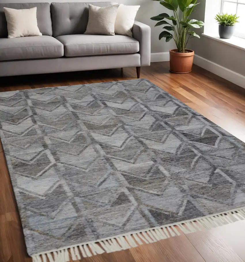 Gray Geometric Hand Woven Area Rug With Fringe Photo 1