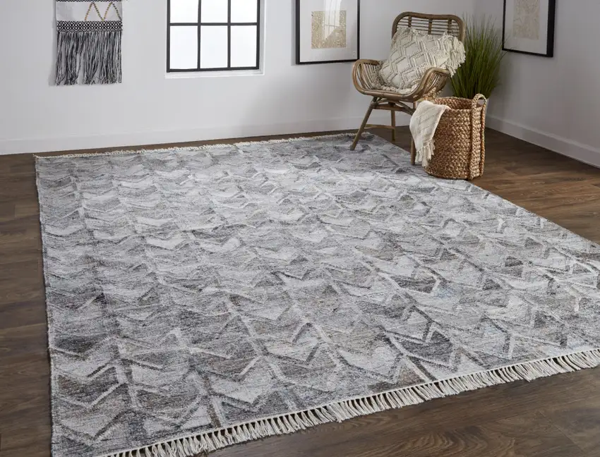 Gray Silver And Taupe Geometric Hand Woven Stain Resistant Area Rug With Fringe Photo 6