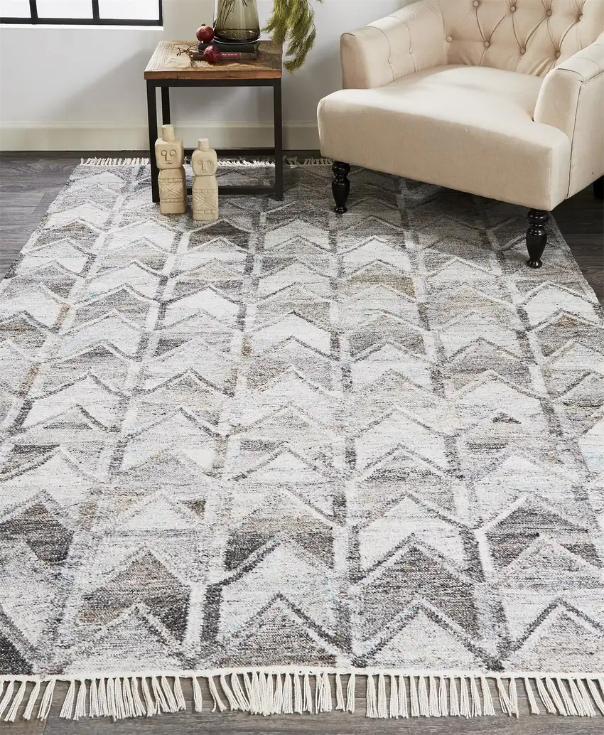 Gray Silver And Taupe Geometric Hand Woven Stain Resistant Area Rug With Fringe Photo 8