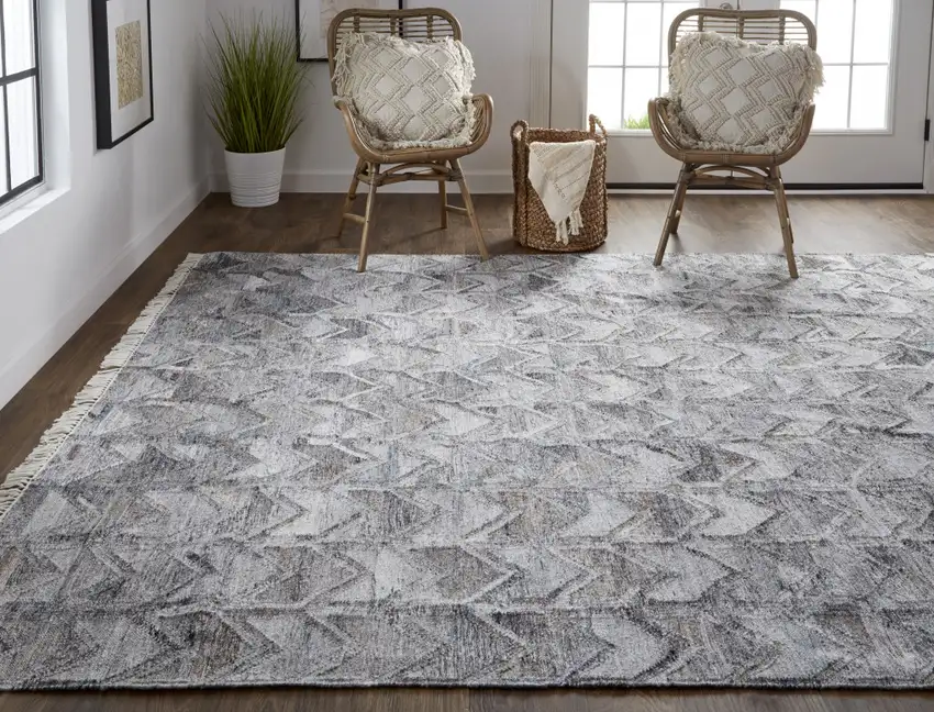 Gray Silver And Taupe Geometric Hand Woven Stain Resistant Area Rug With Fringe Photo 7
