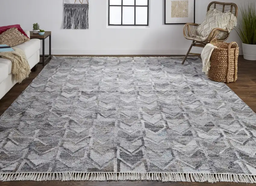 Gray And Black Geometric Hand Woven Area Rug With Fringe Photo 5