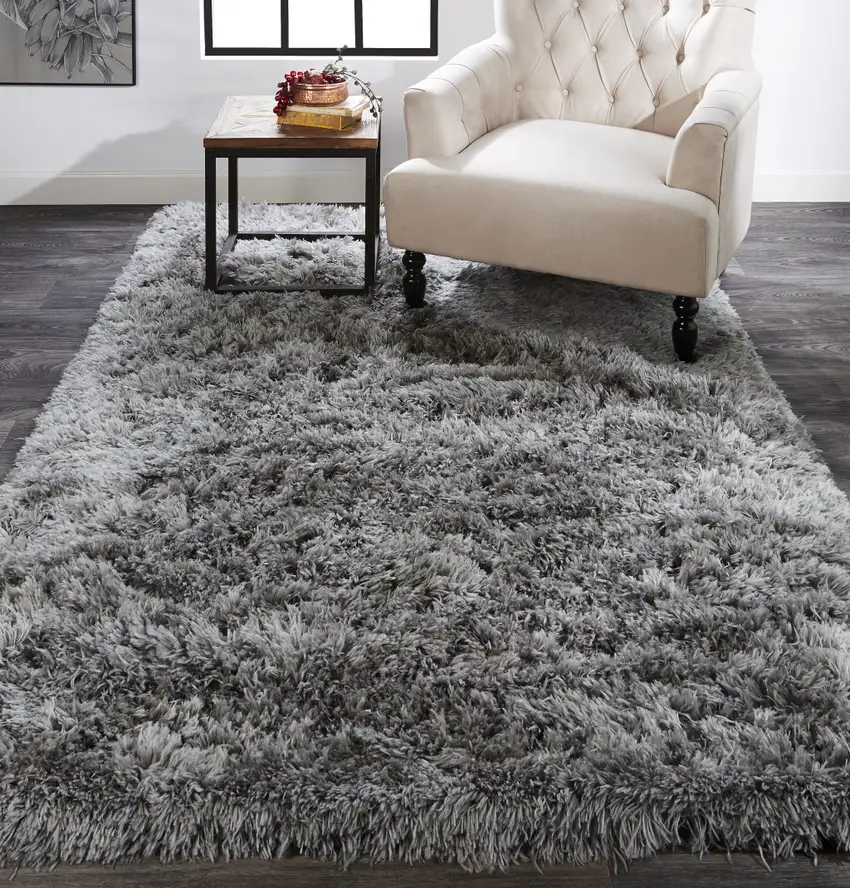 Gray Silver And Taupe Shag Tufted Handmade Stain Resistant Area Rug Photo 6