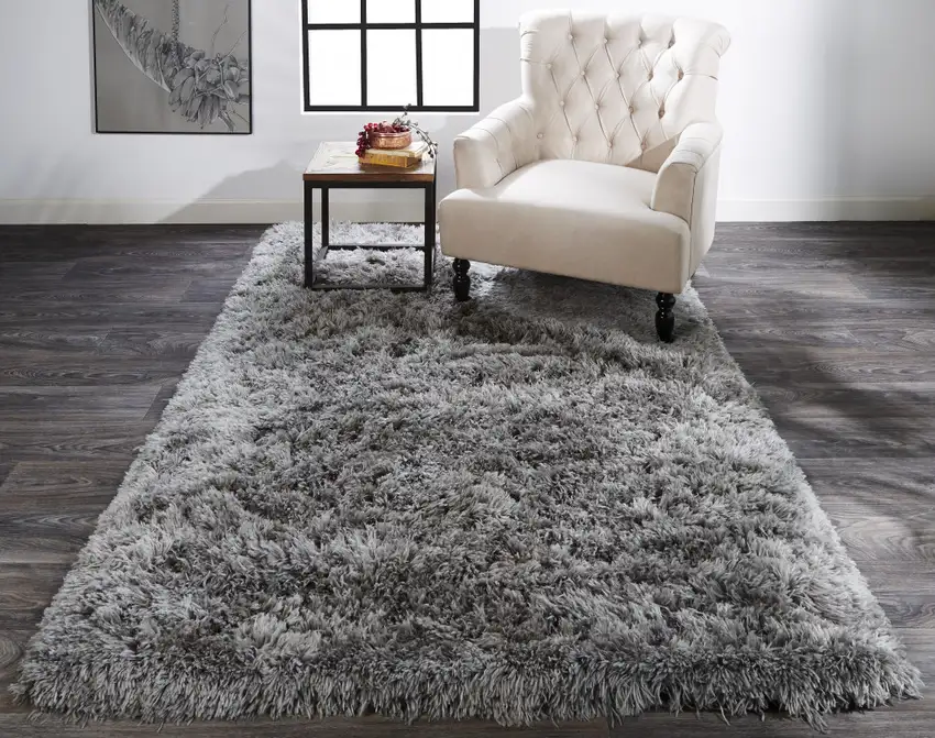 Gray Silver And Taupe Shag Tufted Handmade Stain Resistant Area Rug Photo 4