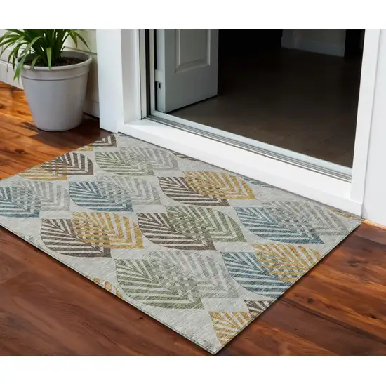 Gray Silver And Teal Blue Floral Washable Indoor Outdoor Area Rug Photo 1