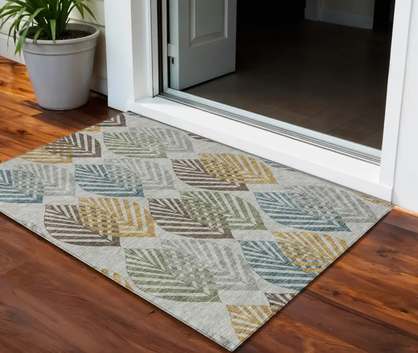 Gray Silver And Teal Blue Floral Washable Indoor Outdoor Area Rug Photo 1