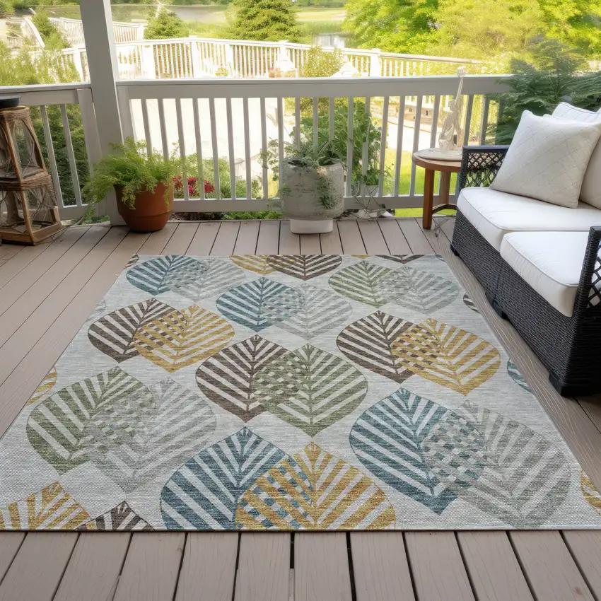 Gray Silver And Teal Blue Floral Washable Indoor Outdoor Area Rug Photo 7