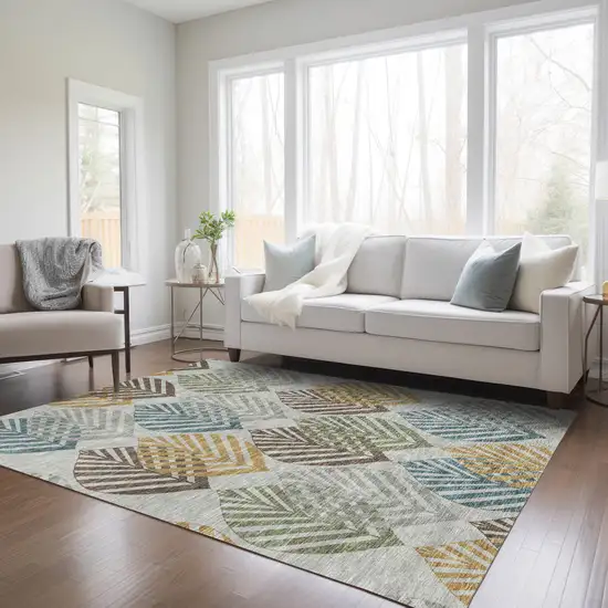 Gray Silver And Teal Blue Floral Washable Indoor Outdoor Area Rug Photo 9