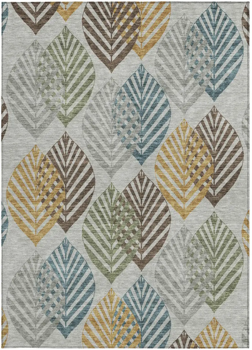 Gray Silver And Teal Blue Floral Washable Indoor Outdoor Area Rug Photo 6