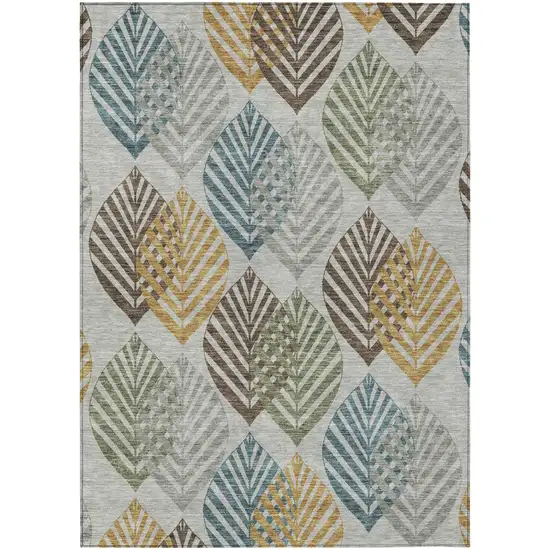 Gray Silver And Teal Blue Floral Washable Indoor Outdoor Area Rug Photo 1