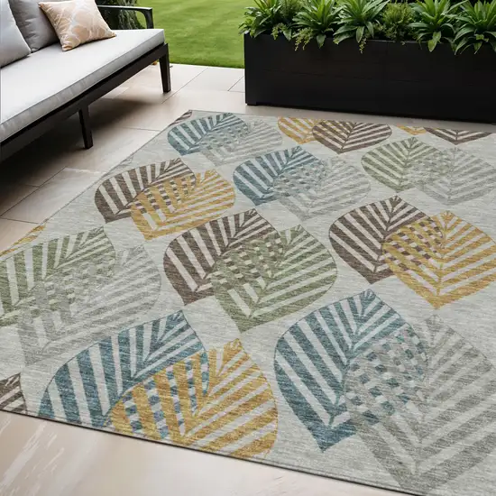 Gray Silver And Teal Blue Floral Washable Indoor Outdoor Area Rug Photo 1
