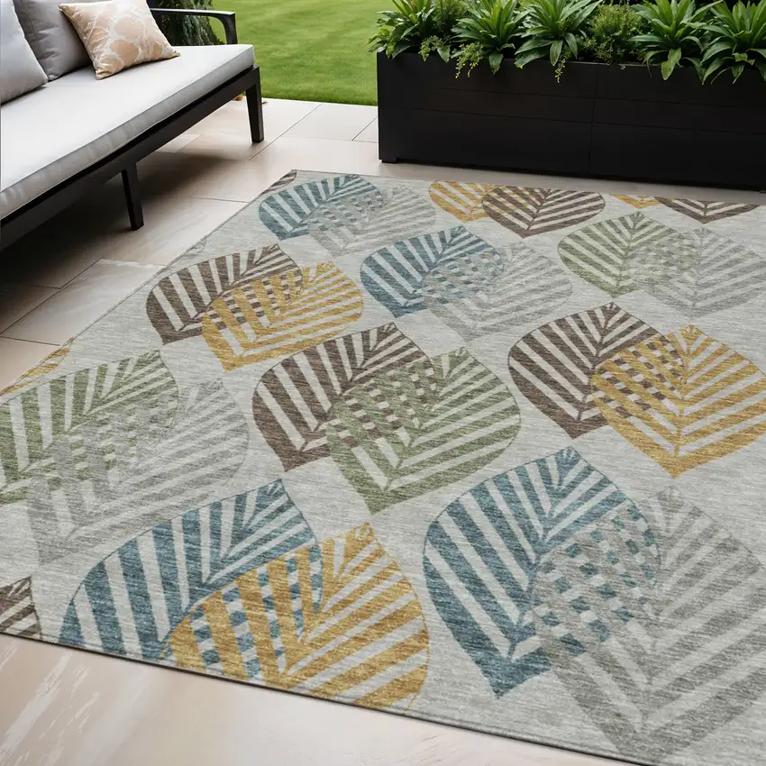 Gray Silver And Teal Blue Floral Washable Indoor Outdoor Area Rug Photo 1