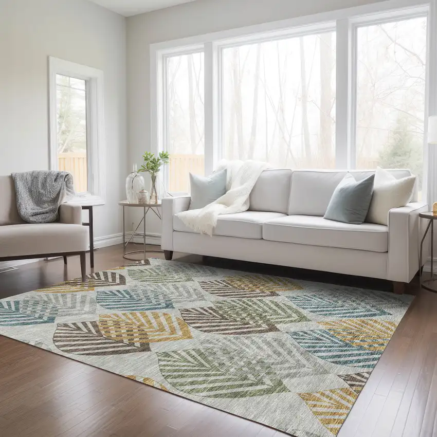 Gray Silver And Teal Blue Floral Washable Indoor Outdoor Area Rug Photo 9