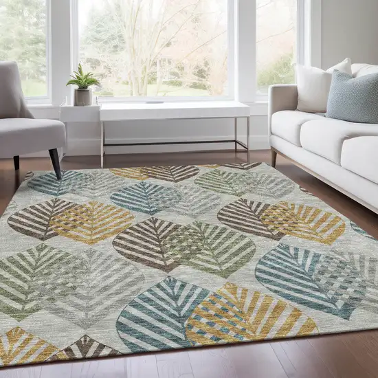 Gray Silver And Teal Blue Floral Washable Indoor Outdoor Area Rug Photo 8