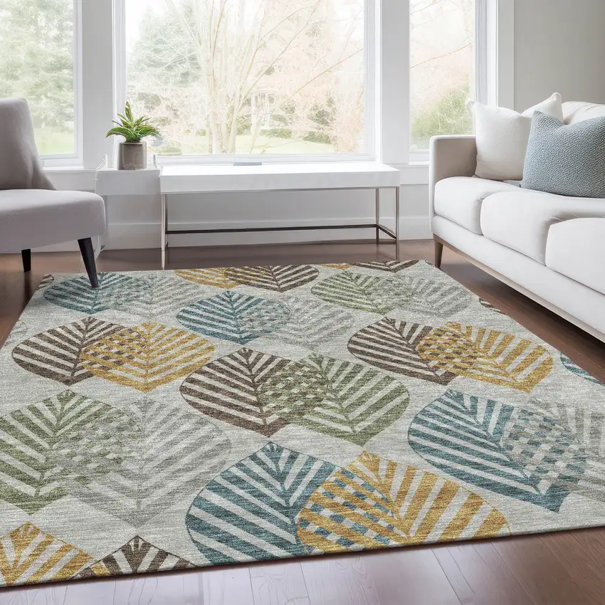 Gray Silver And Teal Blue Floral Washable Indoor Outdoor Area Rug Photo 8
