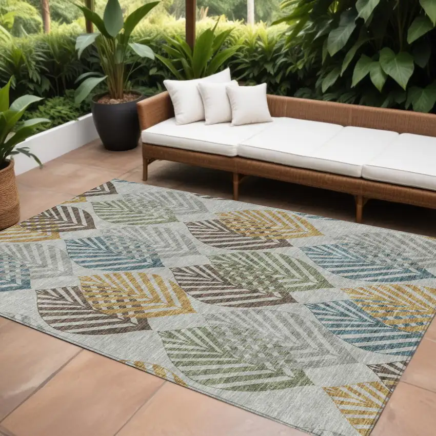 Gray Silver And Teal Blue Floral Washable Indoor Outdoor Area Rug Photo 1
