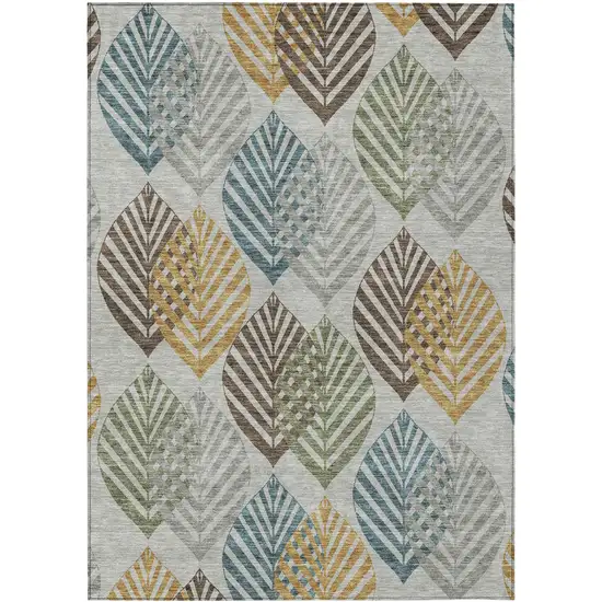 Gray Silver And Teal Blue Floral Washable Indoor Outdoor Area Rug Photo 1