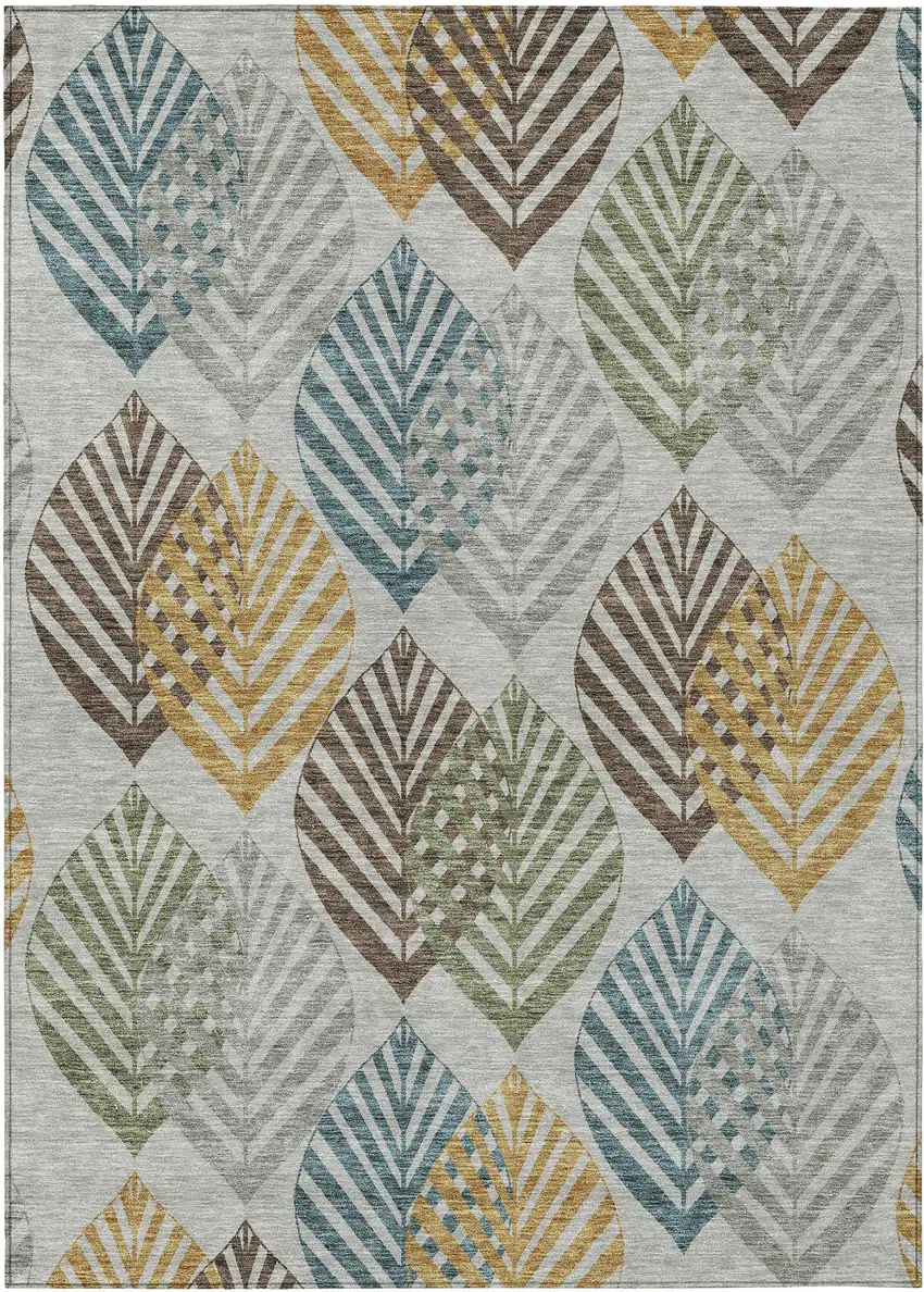 Gray Silver And Teal Blue Floral Washable Indoor Outdoor Area Rug Photo 1