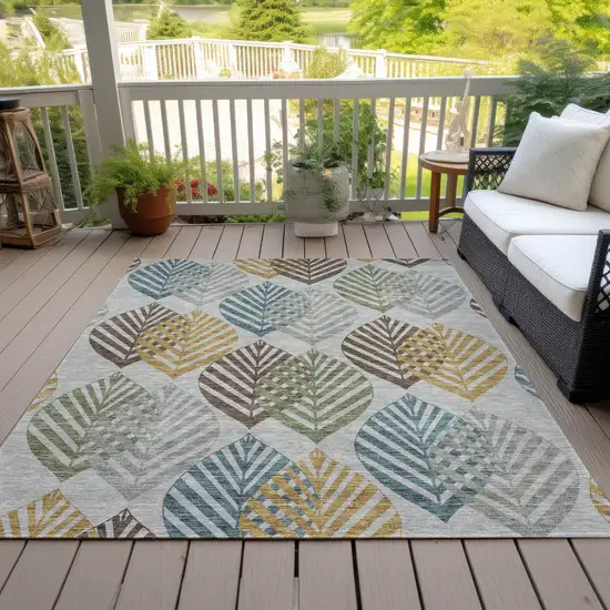 Gray Silver And Teal Blue Floral Washable Indoor Outdoor Area Rug Photo 7