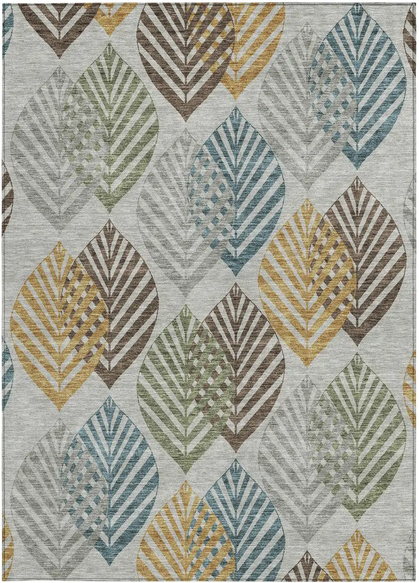 Gray Silver And Teal Blue Floral Washable Indoor Outdoor Area Rug Photo 6