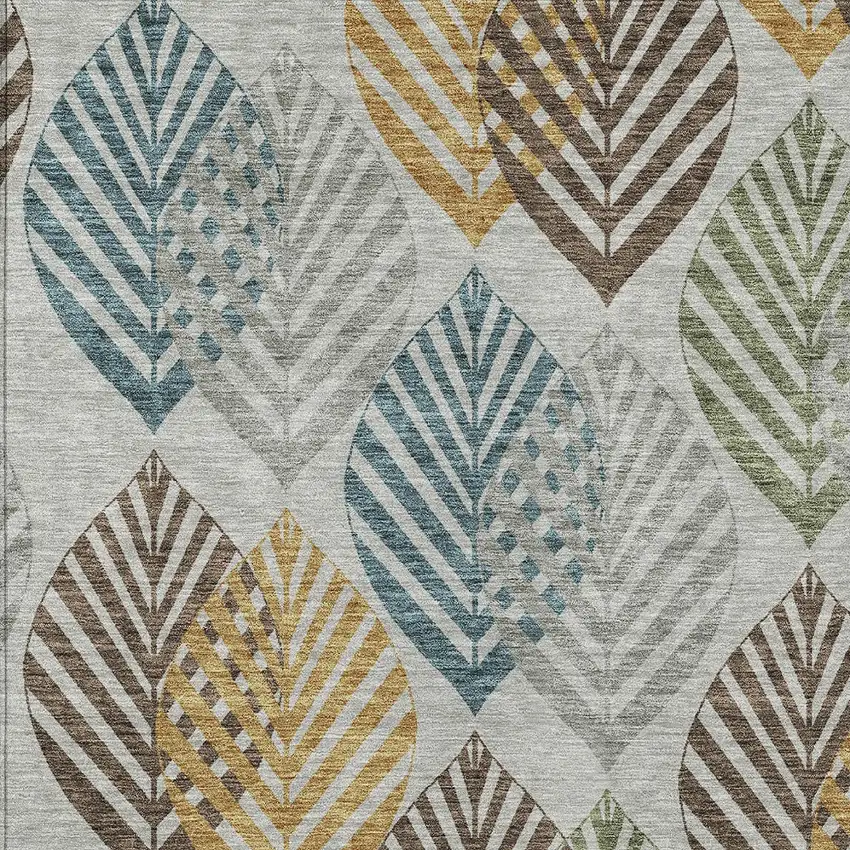 Gray Silver And Teal Blue Floral Washable Indoor Outdoor Area Rug Photo 4