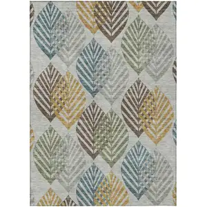 Photo of Gray Silver And Teal Blue Floral Washable Indoor Outdoor Area Rug