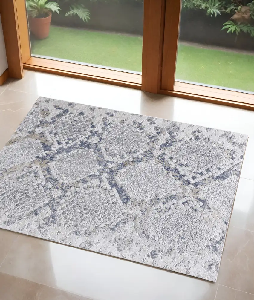 Gray Silver and Blue Floral Power Loom Area Rug Photo 1