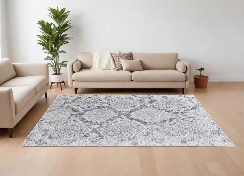 Gray Silver and Blue Floral Power Loom Area Rug Photo 1