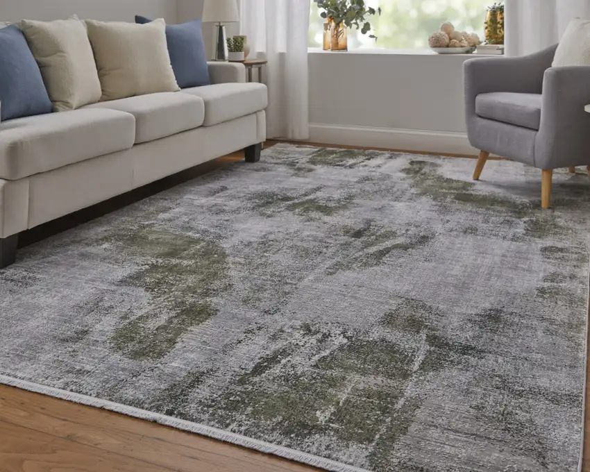 Gray Silver and Green Ikat Power Loom Area Rug With Fringe Photo 9