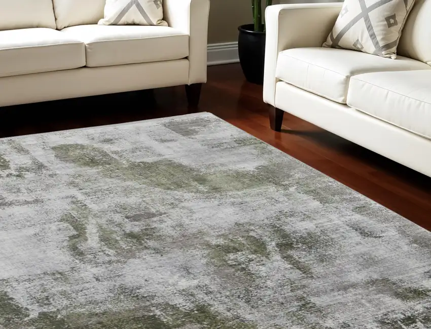 Gray Silver and Green Ikat Power Loom Area Rug With Fringe Photo 1