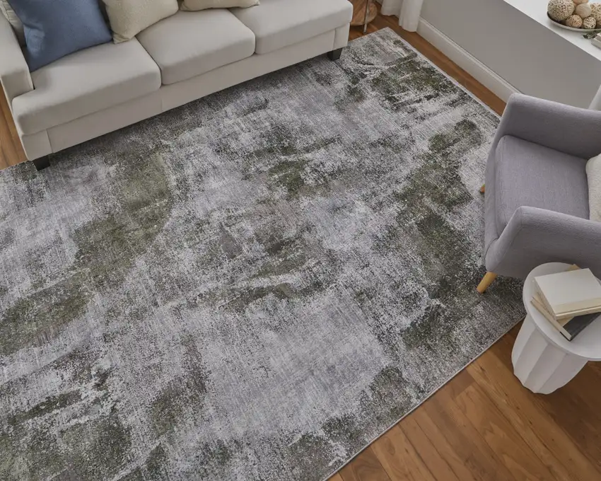 Gray Silver and Green Ikat Power Loom Area Rug With Fringe Photo 9