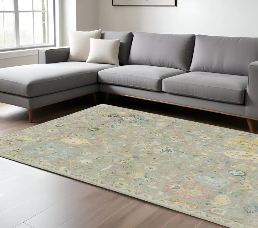 Gray Sky Blue And Yellow Wool Oriental Hand Knotted Area Rug With Fringe Photo 1