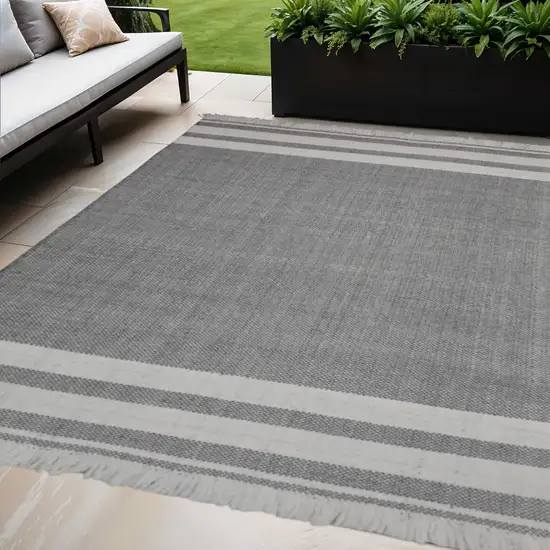 Dark Gray Striped Handmade Indoor Outdoor Area Rug Photo 1