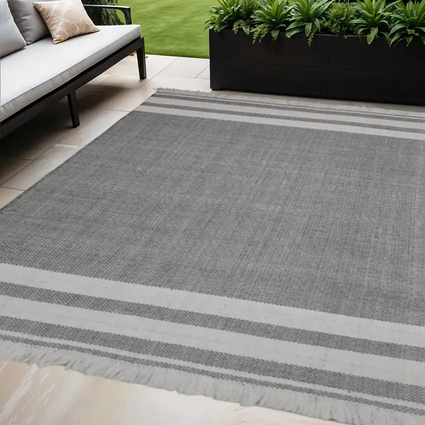 Dark Gray Striped Handmade Indoor Outdoor Area Rug Photo 1