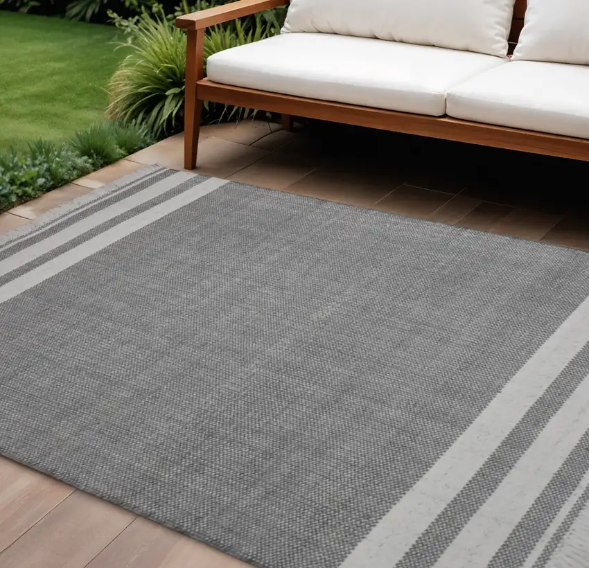 Dark Gray Striped Handmade Indoor Outdoor Area Rug Photo 1