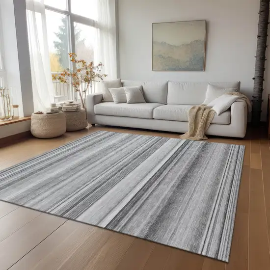 Gray Striped Washable Non Skid Indoor Outdoor Area Rug Photo 9
