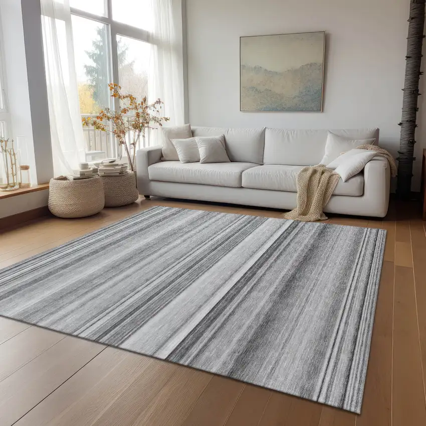Gray Striped Washable Non Skid Indoor Outdoor Area Rug Photo 9