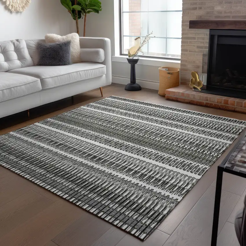 Gray Striped Washable Non Skid Indoor Outdoor Area Rug Photo 8