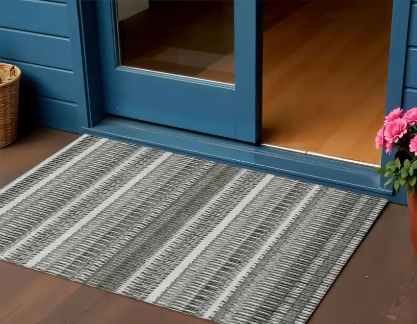 Gray Striped Washable Non Skid Indoor Outdoor Area Rug Photo 1