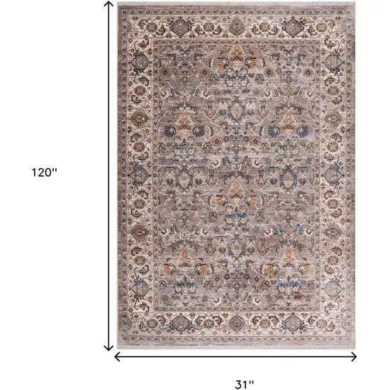 Gray Tan And Beige Oriental Runner Rug With Fringe Photo 3