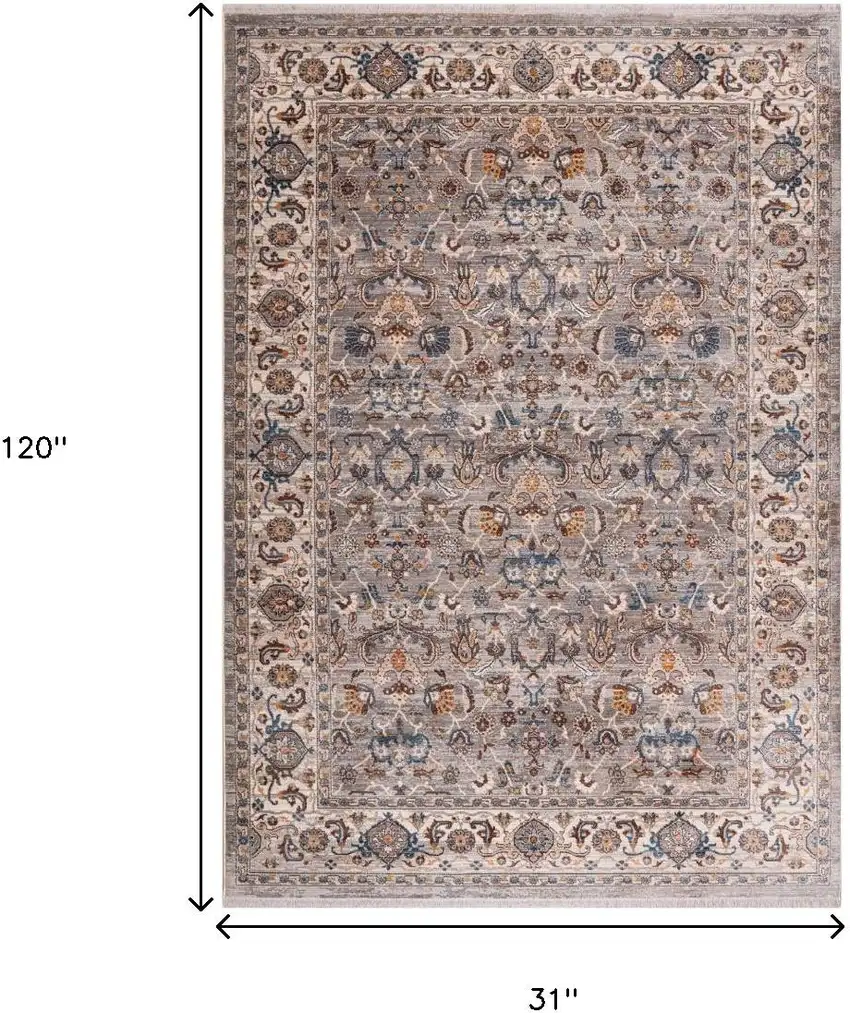 Gray Tan And Beige Oriental Runner Rug With Fringe Photo 3