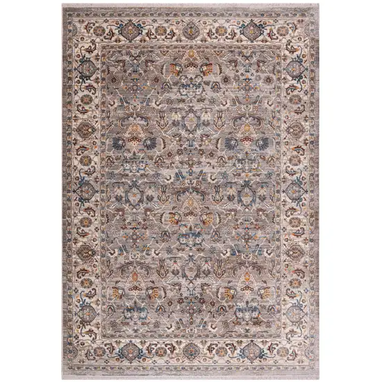 Gray Tan And Beige Oriental Runner Rug With Fringe Photo 2