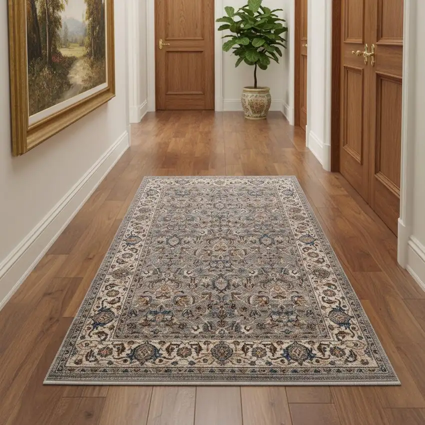 Gray Tan And Beige Oriental Runner Rug With Fringe Photo 1