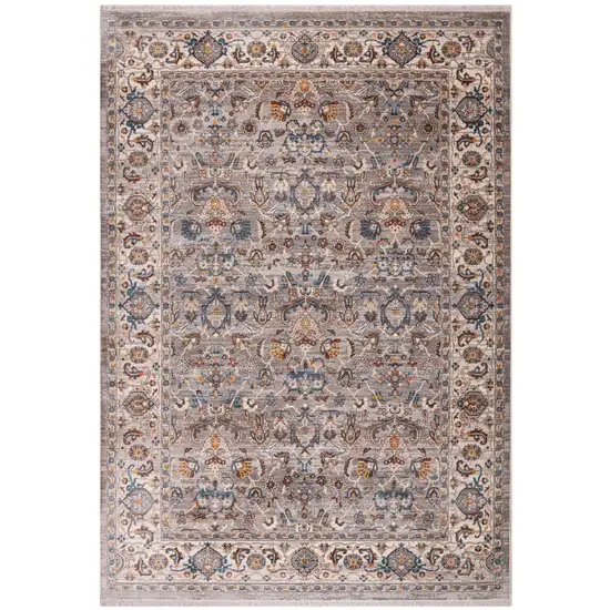 Gray Tan And Beige Oriental Runner Rug With Fringe Photo 4