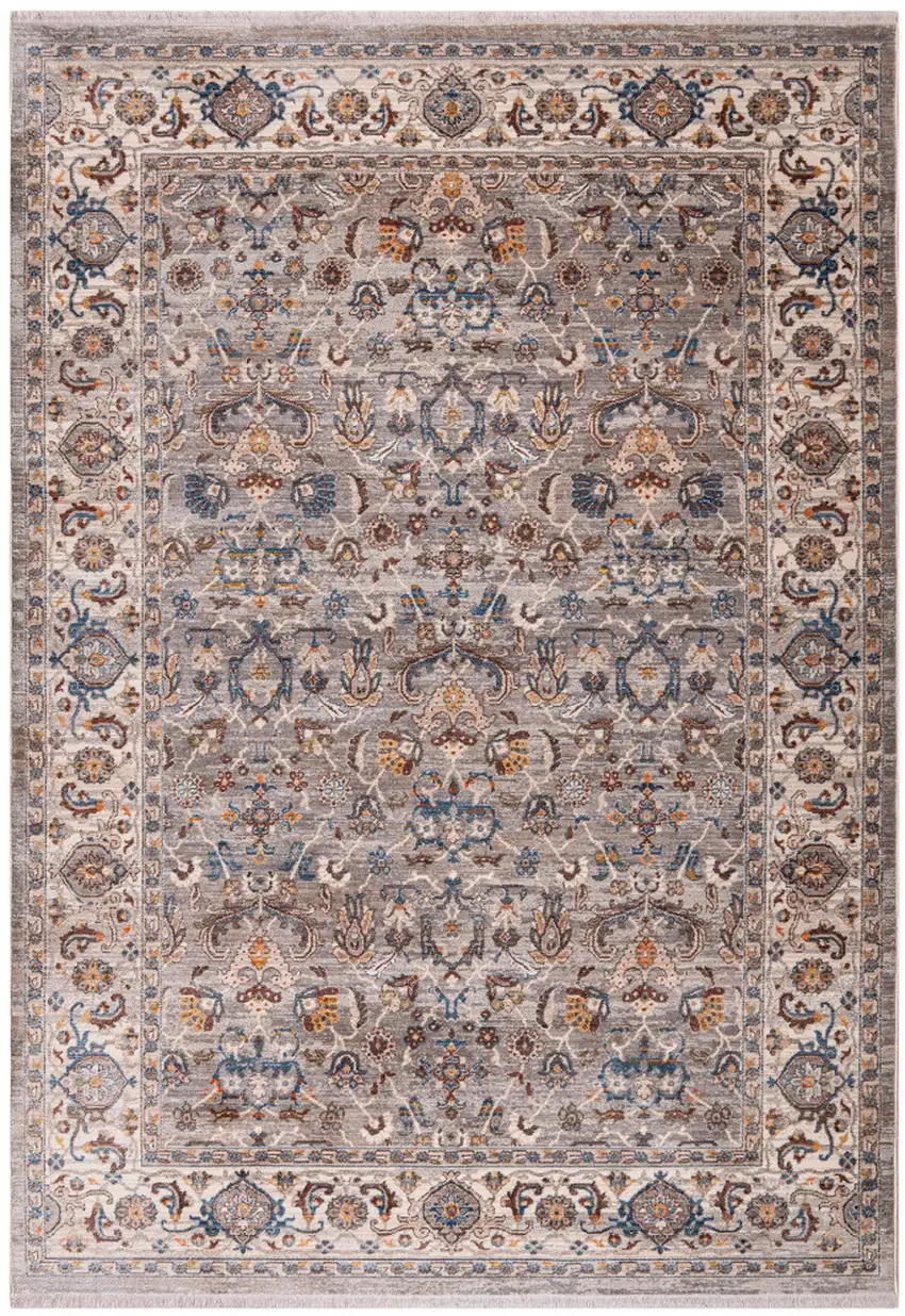 Gray Tan And Beige Oriental Runner Rug With Fringe Photo 3