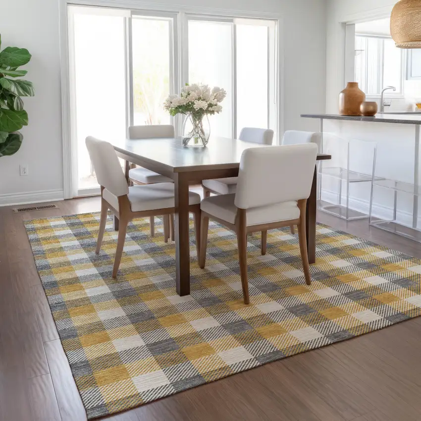 Gray Tan And Beige Plaid Washable Indoor Outdoor Area Rug Photo 9